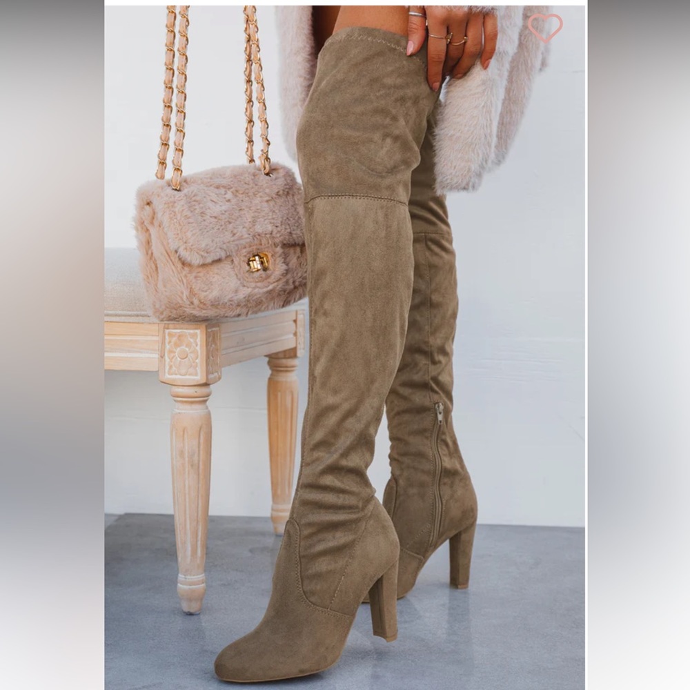 MISS LOLA RISE TO THE TOP THIGH HIGH BOOTS TAUPE SUEDE WIDE FIT